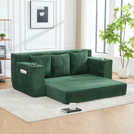 Canapé modulable 172/87/64 cm en velours côtelé vert émeraude avec porte-gobelets (1/5)
