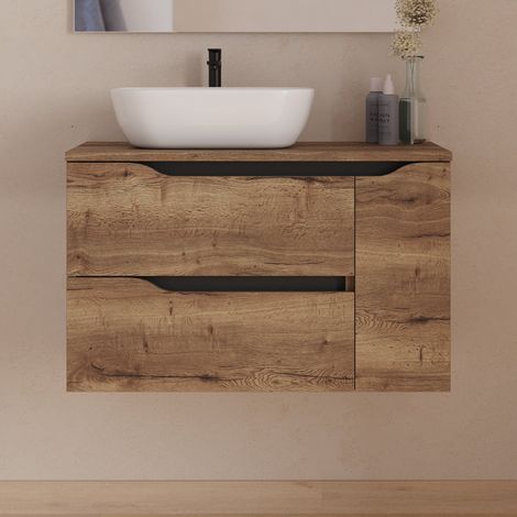 Meuble de salle de bain 80cm avec plateau et vasque à poser déportée à gauche Zeus - sans miroir - 2 tiroirs et un placard - tabaco (bois foncé) - ZARZA