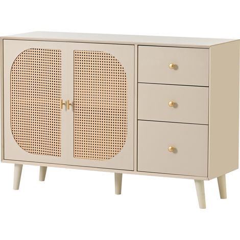 Credenza bassa 120 cm bianco crema con 2 ante e 3 cassetti in truciolare e rattan (1/5)