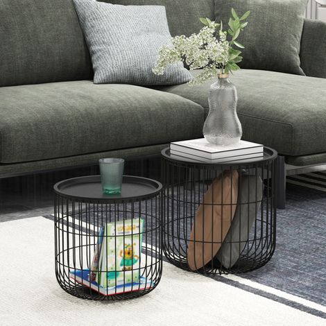 MEUBLIV Lot de 2 tables basses rondes 40 cm noir – rangement gigogne (1/5)