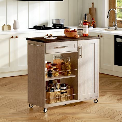 Desserte de cuisine mobile imitation bois, îlot roulant avec tiroir, placard, étagères et roulettes verrouillables, 90 x 40 x 90 cm, chêne (1/5)