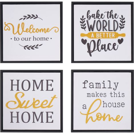Lot de 4 tableaux muraux HWC-N96, décoration murale cadres photo citations Sweet Home Welcome World Family, toile en boi (1/5)