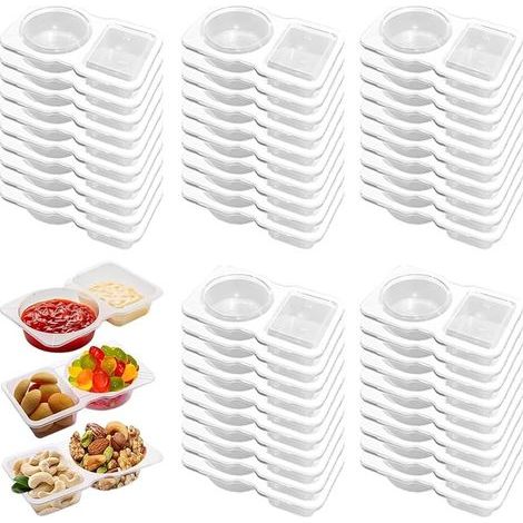 Lot de 40 récipients réutilisables à double compartiment, pots à condiments, pots à goûter avec couvercles, conteneurs à sauce, transparents et portables (1/5)