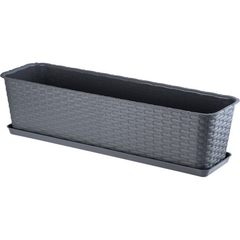 KADAX Jardinière Rectangulaire 60 cm, Balconnière en Plastique Aspect Rotin avec Soucoupe pour Embellir Votre Espace Extérieur (Graphite) (1/5)