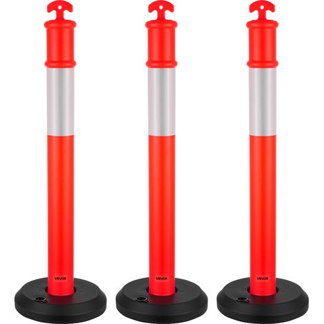 VEVOR Pali Delimitatori di Traffico, 3 Pezzi, Paletti di Sicurezza Stradale da 1140 mm con Base Riempibile e Strisce Riflettenti, Pali Delimitatori Resistenti per Cantieri Edili, Parcheggi, Rosso