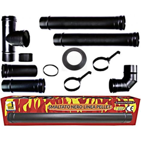 MBM – Kit complet de fumisterie pour poêle à pellets – Tube acier émaillé noir 80 mm – Résistant jusqu'à 600 °C – Conduit porcelaine fabriqué en Italie