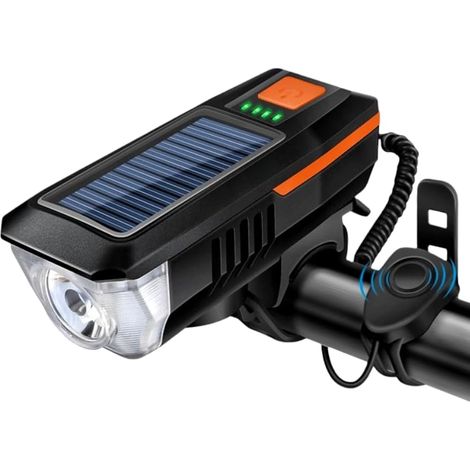 Juego de luces solares y USB para bicicleta de 2000 mAh con bocina de 120 dB (5 modos), faro delantero impermeable IPX5 para bicicletas eléctricas y de montaña. (1/5)