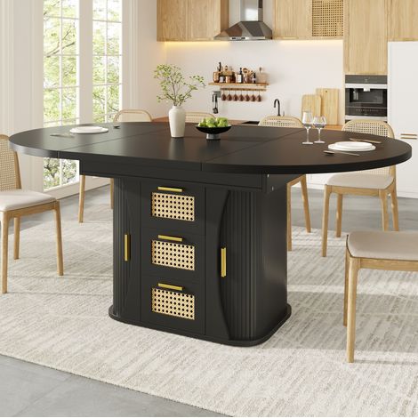 Tavolo da pranzo allungabile 118/158x118 cm con vano contenitore, design effetto rattan, struttura stabile in MDF nero (1/5)