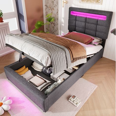 Letto imbottito moderno 90x200 cm in lino grigio con testiera, LED 16 colori APP, vano contenitore idraulico e USB (1/5)