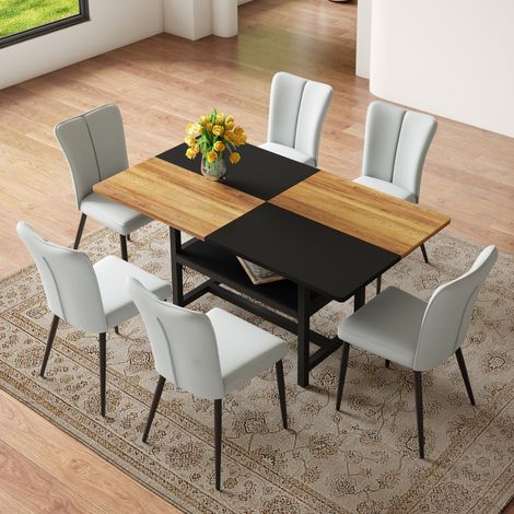Conjunto de mesa comedor rectangular 160 cm con almacenaje, 6 sillas gris claro PU y patas negras (1/5)