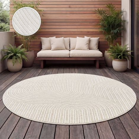 Paco Home Tappeto Da Esterno Resistente Alle Intemperie Soggiorno Balcone Scandi Design Beige Crema Ø 120 cm tondo