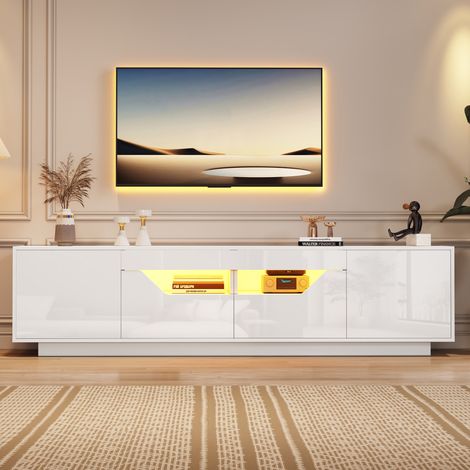 Meuble TV haute brillance 180x40x45 cm - Avec éclairage LED - 2 tiroirs et 2 portes - Compatible avec téléviseurs 75 pouces - Blanc (1/5)