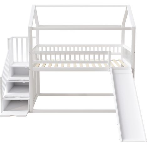 Cama alta infantil 90 x 200 cm blanca con tobogán y escalera con almacenaje (1/5)