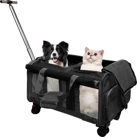 Sac de Transport pour 2 Chats/Chiens, avec 2 Compartiments + 4 roulettes + Poignée Télescopique, pour Chats Jusqu'à 20 kg, Pliable, pour Visites Vétérinaires, Voyages Voiture (Noir) (1/5)