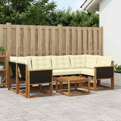 Set divani da esterno modulare in legno di acacia e textilene con tavolo naturale e crema 7 pz - PANGIVO (1/5)