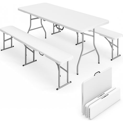 Klappbarer Picknicktisch mit Bänken 180 cm, weiß, integrierte Tragegriffe, klappbares Gartenmöbelset, passender Tisch und Bänke.