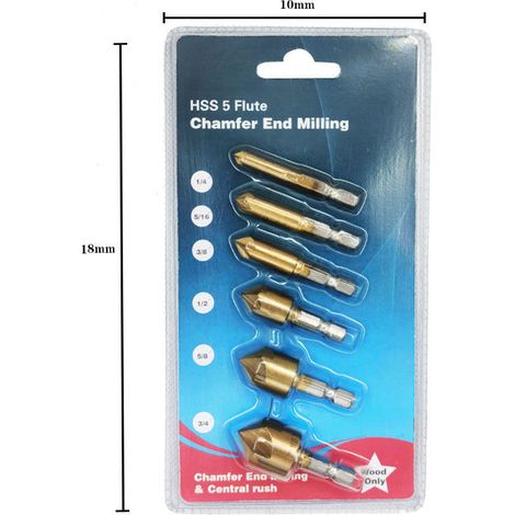 Couteau à chanfreiner plaqué titane – set 6 pièces – alésoir 3 pièces, forets 6-19mm à 82°, boîte à bulles (1/5)