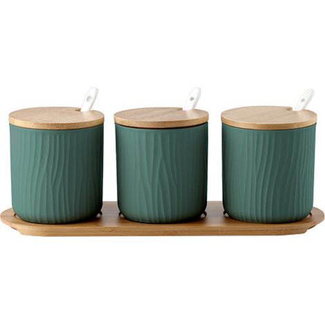Ensemble de 2 pots à épices en céramique OnePine, sucrier en céramique avec cuillère et couvercle en bambou pour le thé, le sucre, le sel et les épices. Idéal pour la maison et la cuisine. (1/5)