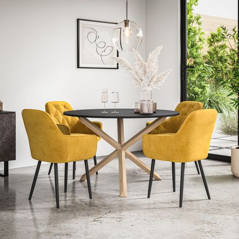 Malvern Round Dining Table And Chairs - Black Table Top w Solid Oak Legs + Anika Velvet Dining Chair Set Of 4 (Mustard) (1/5)