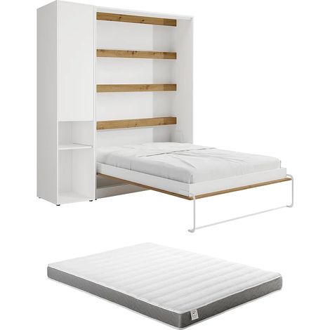 Lit escamotable vertical 140 x 200 cm - 1 colonne de rangement - Avec LEDs - Blanc et naturel + Matelas - RAPILI (1/5)