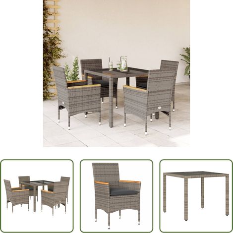 Gartenessgruppe - 5-tlg. Garten-Essgruppe mit Kissen Grau Poly Rattan und Glas (1/5)