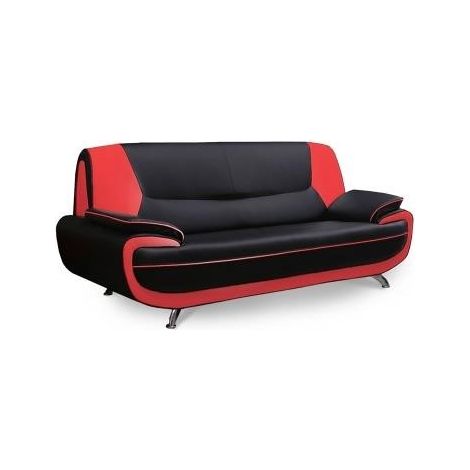Mobilier Deco – Canapé 3 places en simili cuir noir et rouge – Dossier haut et accoudoirs rembourrés – Dimensions 190x87x89 cm – Pieds chromés modernes (1/5)