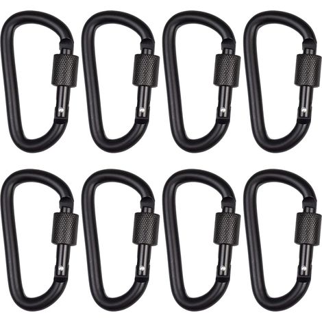 8 Mousquetons Noirs avec Anneau en D et Vis de Sécurité, Alliage d'Aluminium Résistant, Accessoires de Camping pour Extérieur, Voyage, Pêche, Randonnée, Sac à Dos, Maison et Camping-Car, Lot de 8 (1/5)