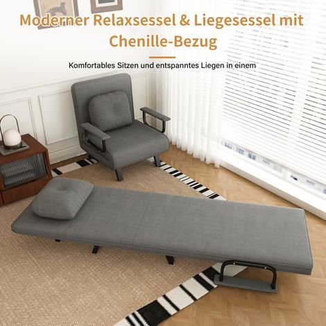 Relaxsessel mit Liegefunktion, 5-fach verstellbare Rückenlehne, Chenille-Bezug, ausklappbare Zusatzstützen, 180° Liegeposition, Lesesessel zum Entspannen, Schlafsessel, Grau ( Foldable Sofa Chair) (1/5)