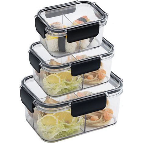 Lot de 3 boîtes de conservation alimentaire avec compartiments et joint en silicone, hermétiques, noires (1/5)