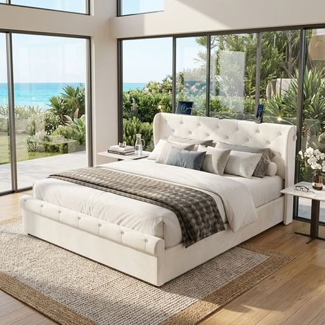 Audreamy Theo Ottoman Bed Beige Velvet Double (1/5)