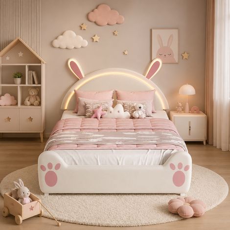 Lit Enfant 140x200 cm, Lit Rembourré double avec LED,Cadre de Lit avec tête de lit Lapin,Lit Princesse,Sommier à Lattes,Velours
