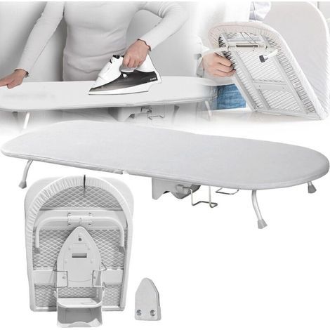Folding ironing board, small folding ironing board for quick and easy ironing, rotating hollow frame with iron holder, removable washable cotton cover, 89 x 33 cm, white (1/5)