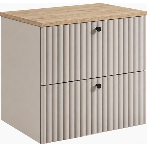 Mobile sottolavabo sospeso 60 cm, 2 cassetti, con piano, chiusura ammortizzata, Cashmere / piano Rovere Chiaro, maniglie nere, 60 x 44,4 x 58,6 cm (1/5)