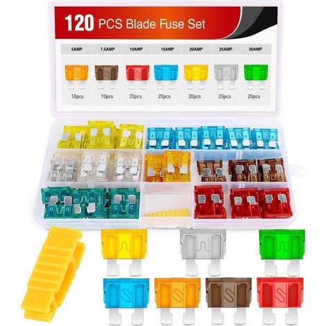 Jeu de 120 fusibles standard - 5, 7,5, 10, 15, 20, 25, 30 ampères - Fusibles à lames standard APR/ATO (ouvert)/ATC pour voitures, camions, véhicules marins et motos (1/4)