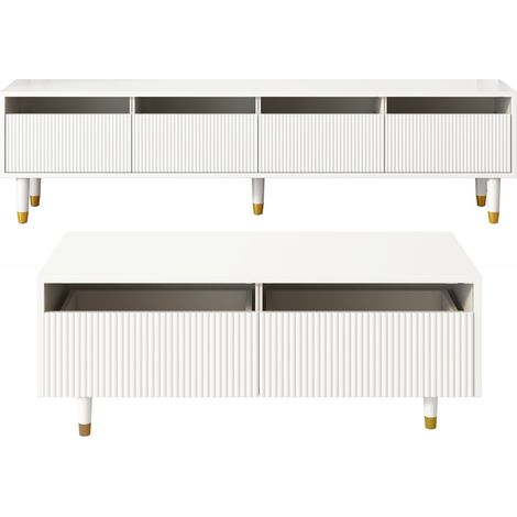 Ensemble meuble TV 4 portes et table basse 2 tiroirs avec LED, MDF blanc et détails dorés (1/5)