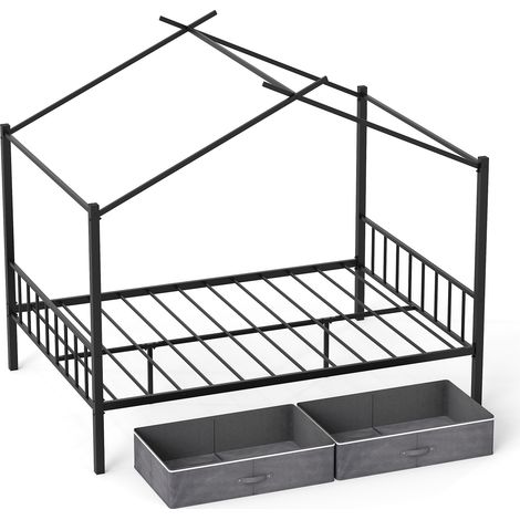 COSTWAY Double Size House Bed Heavy-Duty Metal Platform Bed w/2 Drawers-Black (1/5)