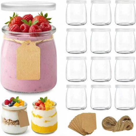 200ml pot yaourt en verre avec couvercle -12 unités compact pots en Verres à dessert transparents av (1/5)