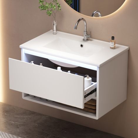 Hängender Badezimmerschrank mit Waschbecken 76 cm – LED-Radar-Beleuchtung, geräuscharme Schublade und Stauraumnische – Weiß lackiert