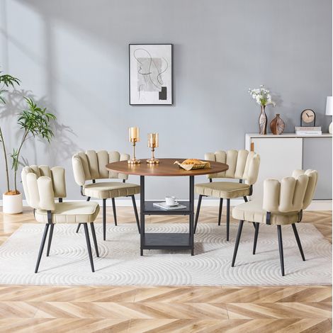 Set de comedor redondo de 4 sillas 107 cm efecto nogal con estantes MODENUIT (1/5)