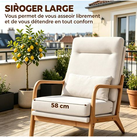 Fauteuil de salon en tissu lin crème avec grand siège et dossier haut (1/5)