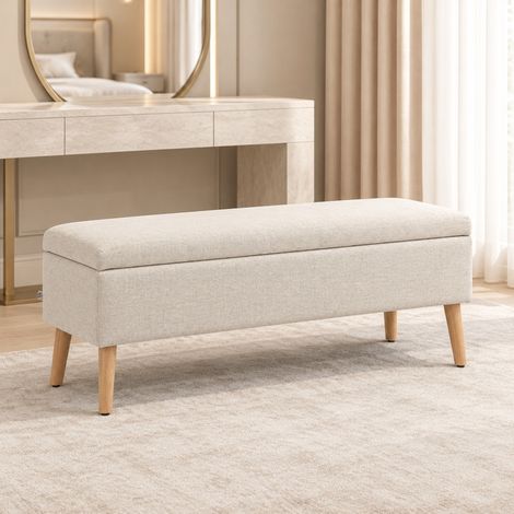 Panca contenitore imbottita 110/39/45 cm beige, rivestimento effetto lino (1/5)