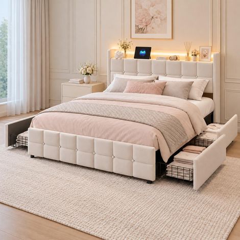 Cama de matrimonio 160x200 cm tapizada con 4 cajones de almacenaje, Iluminación LED RGB, cabecero con estantes y puerto USB Tipo C, tela de lino, Beige (1/5)