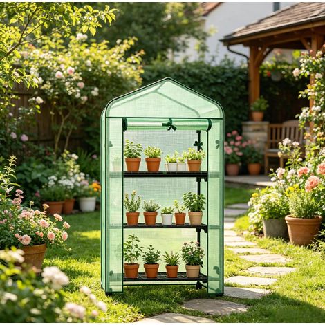 Mini serre sur roulettes 70 x 50 x 130 cm, 3 étagères, porte zippée, vert HAVRYA (1/5)