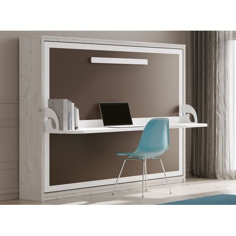 Lit escamotable horizontal 140x190 cm avec bureau Bona - Haut de gamme - Matelas Sans matelas - Façade Vison 3D - Coffrage Wengué (1/5)
