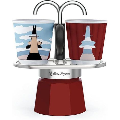 Set caffettiera italiana + 2 tazze - BIALETTI - Mini-express MAGRITTE - Inox / Rosso (1/3)