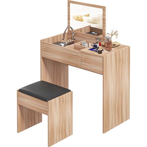 Coiffeuse avec tabouret, table de maquillage miroir, plateau rabattable, rangements 80x40x79 cm + 40x30x40 cm