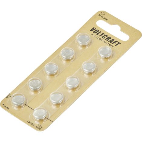 Voltcraft – Lot de 10 piles bouton LR 1130 1.5V 75mAh alcalines AG10 – Longue durée pour appareils photo et radios – Compatible avec table de concordance