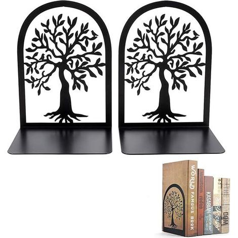 Lot de 2 Serre-livres Noirs, Support à Livres Mini, Séparateur Métal Arbre de Vie, Déco Bureau, Enfants, Écoles, CD, Librairie, Étagère (1/5)