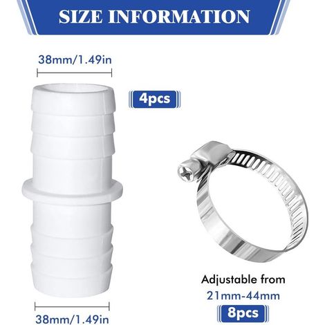 Raccord de Tuyau, Lot de 4 Adaptateur de tuyau de piscine, Adaptateur Raccord Piscine 32 mm/38 mm, Adaptateur de tuyau double, avec 8 Colliers de Serrage, pour jardins et tuyaux de piscine (38mm38mm) (1/5)
