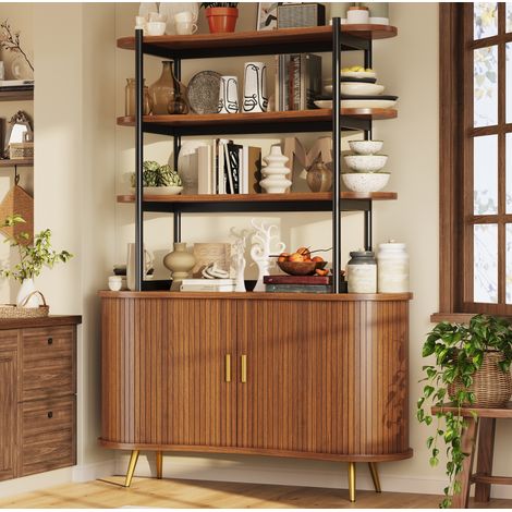 Credenza alta in MDF con ante scorrevoli e scaffale a 4 ripiani 120 x 40 x 183 cm marrone scuro (1/5)